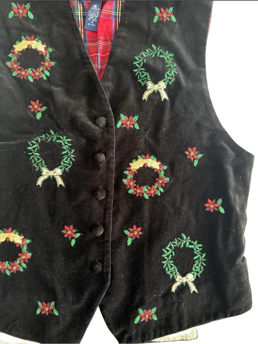 Ugly Christmas Vest Velvet Embroidered Wreaths Tartan Plaid Back 90s VTG Medium - Picture 2 of 12